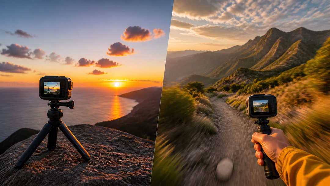 A split scene comparing a stationary action camera recording a coastal sunset with a handheld action camera moving along a mountain trail.